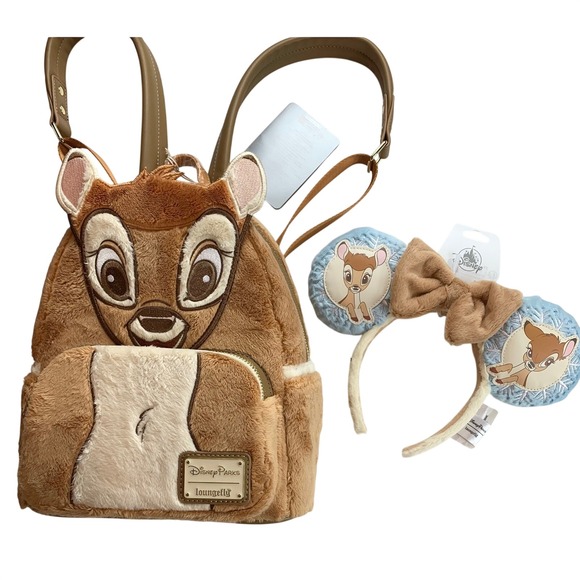 NWT Disney Parks Loungefly Bambi Plush Mini Backpack and Snowflake Headband Set